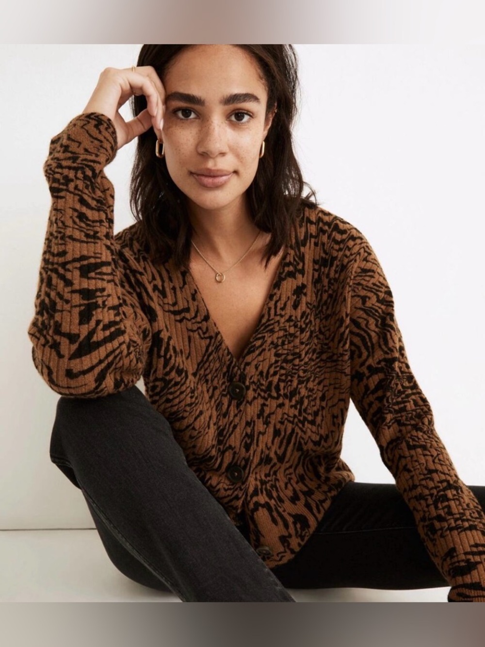 Madewell Cameron Animal Print Wool Alpaca Rib Knit Cardigan Sweater Top